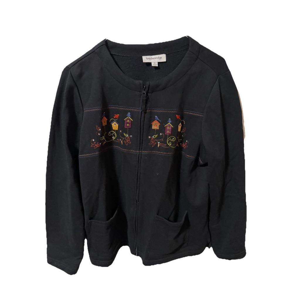 Breckenridge Zip Up Black Jacket Fleece Bird House Design Size XL